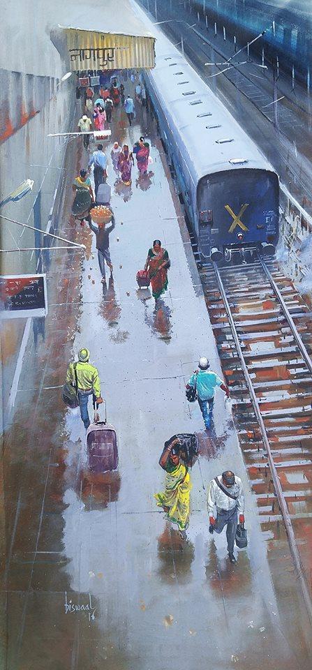 Wet Platform Nagpur Painting by Bijay Biswaal | ArtZolo.com