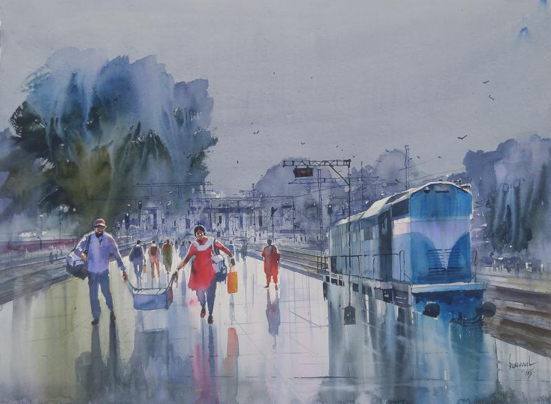 Cityscape watercolor painting titled 'Wet Platform Pune', 21x28 inches, by artist Bijay Biswaal on Paper