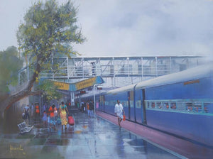 Cityscape watercolor painting titled 'Wet Platform Rajnandgaon', 36x48 inches, by artist Bijay Biswaal on Canvas