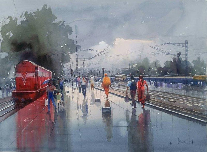 Wet Platform Red Painting by Bijay Biswaal | ArtZolo.com