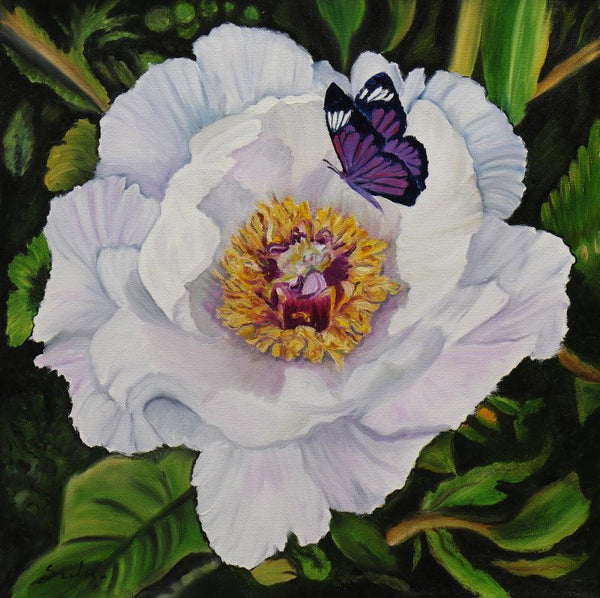 White Flower With Butterfly Painting by Sulakshana Dharmadhikari | ArtZolo.com