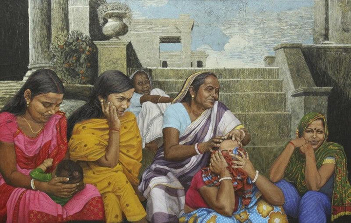 Whole Family On The Steps Painting by Biswajit Roy | ArtZolo.com