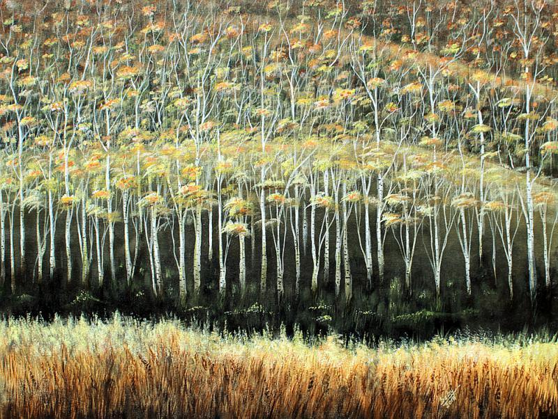 Landscape acrylic painting titled 'Winter', 28x38 inches, by artist Seby Augustine on Canvas