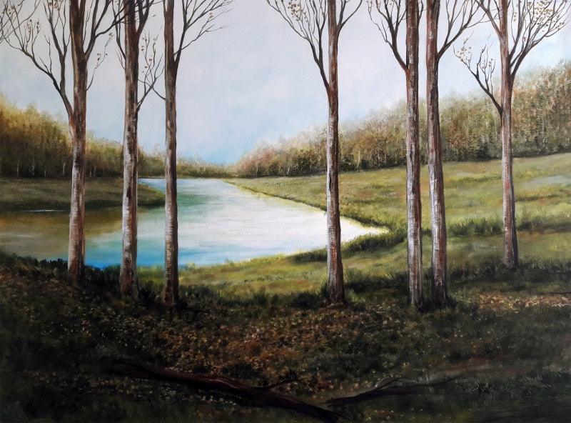 Landscape acrylic painting titled 'Winter', 34x43 inches, by artist Seby Augustine on Canvas