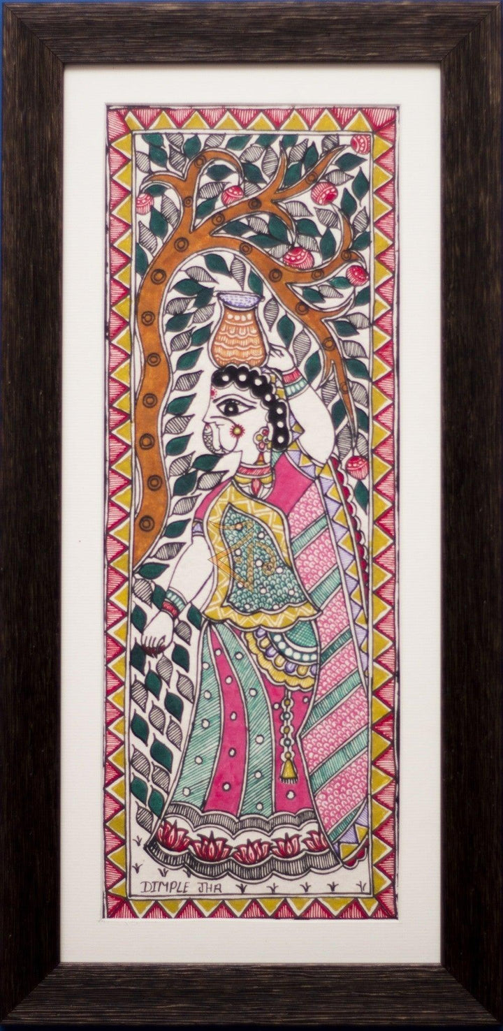 Woman Carrying Pot Madhubani Painting Traditional Art by Kalaviti Arts | ArtZolo.com