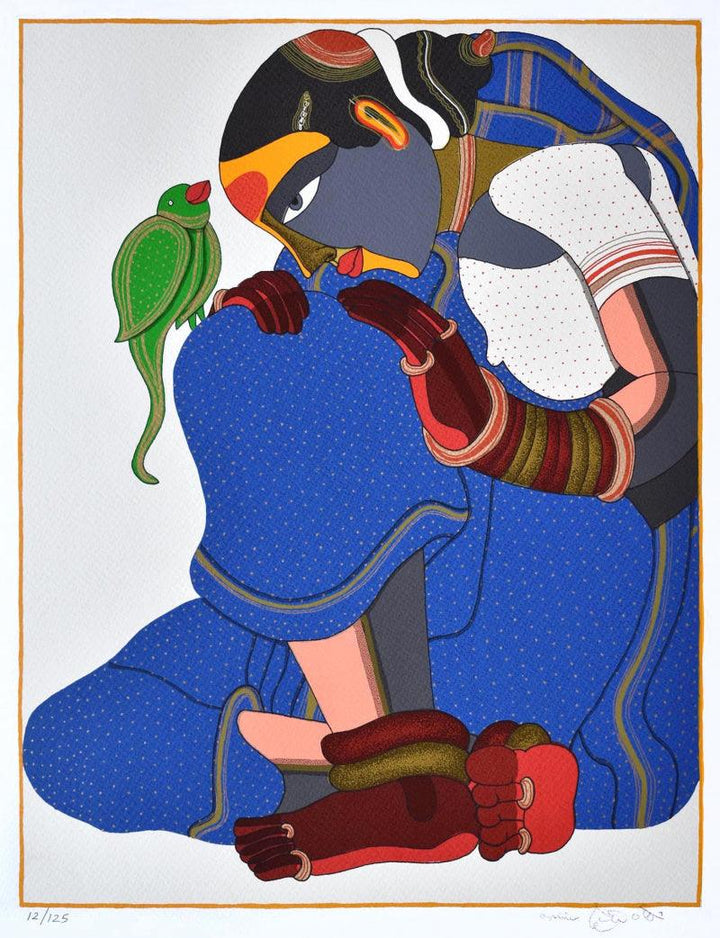 Woman In Blue And White Painting by Thota Vaikuntam | ArtZolo.com