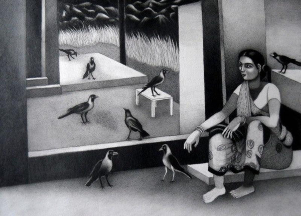 Woman With Birds Painting by Kalipada Purkait | ArtZolo.com