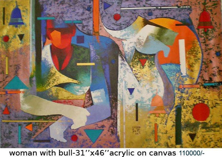 Woman With Bull Painting by Ranjit Singh | ArtZolo.com