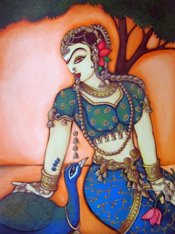 Woman With Peacock Painting by Rahul Phulkar | ArtZolo.com