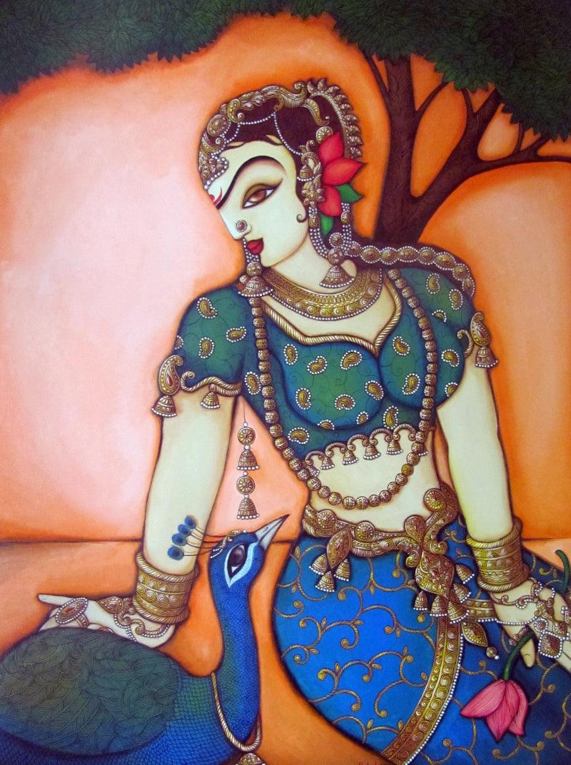 Figurative acrylic painting titled 'Woman With Peacock', 40x30 inches, by artist Rahul Phulkar on Canvas