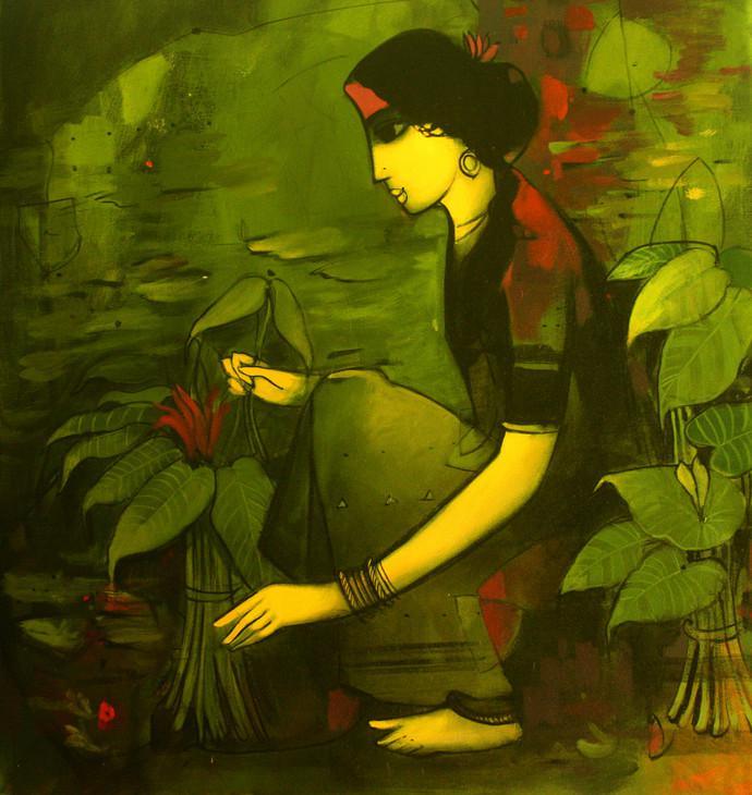 Woman With Plant Painting by Sachin Sagare | ArtZolo.com