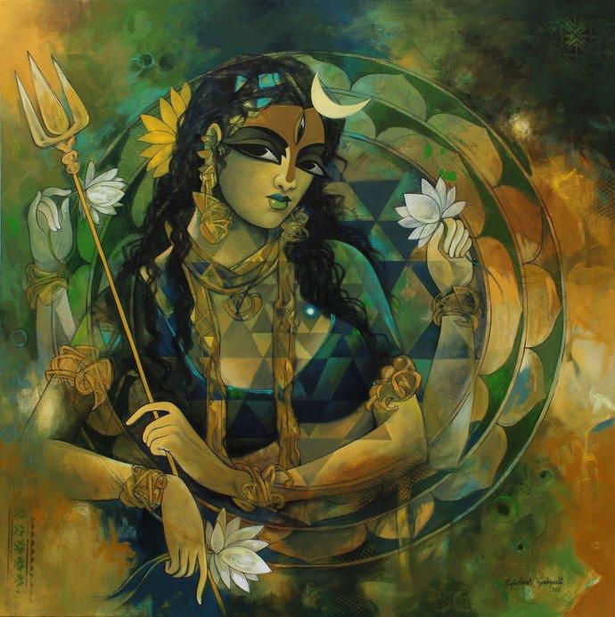 Woman With Sri Chekra Painting by Rajeshwar Nyalapalli | ArtZolo.com