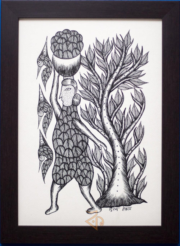 Woman Carrying Pot Gond Art Traditional Art by Kalavithi Art Ventures | ArtZolo.com