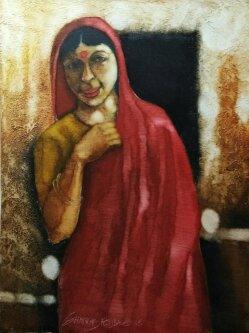 Woman In Red Saree Painting by Shankar Kendale | ArtZolo.com
