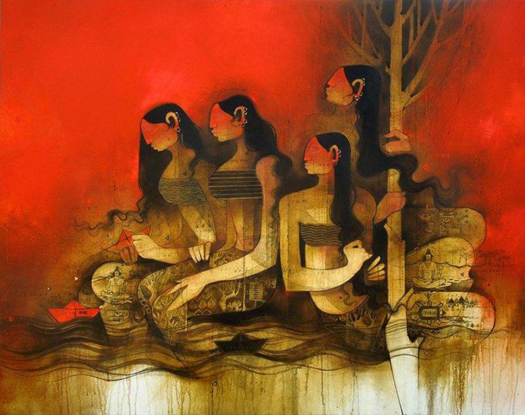 Figurative oil painting titled 'Women', 36x36 inches, by artist Amol Pawar on Canvas