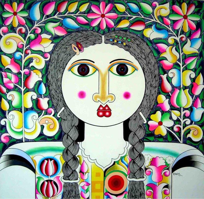 Figurative acrylic painting titled 'Women', 48x48 inches, by artist Ravi Kattakuri on Canvas