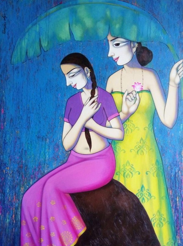 Women Enjoying Rain 1 Painting by Pravin Utge | ArtZolo.com
