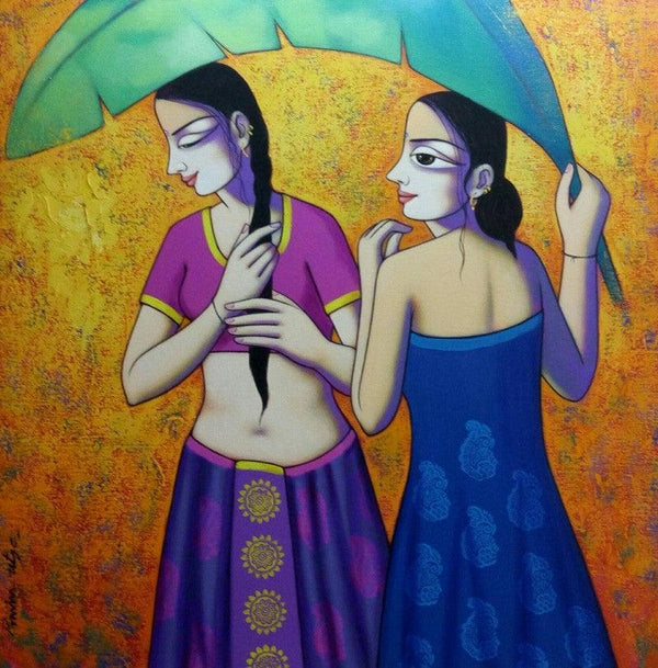 Women Enjoying Rain Painting by Pravin Utge | ArtZolo.com