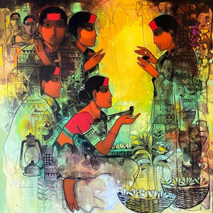 Figurative acrylic painting titled 'Women Gossiping 7', 60x60 inches, by artist Sachin Sagare on Canvas