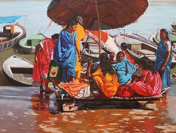 Women In Boat Banaras Ghat Painting by Sachin Sawant | ArtZolo.com