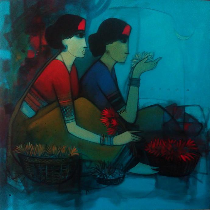 Women With Lotus Painting by Sachin Sagare | ArtZolo.com
