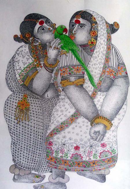 Women With Parrot 1 Painting by Bhawandla Narahari | ArtZolo.com