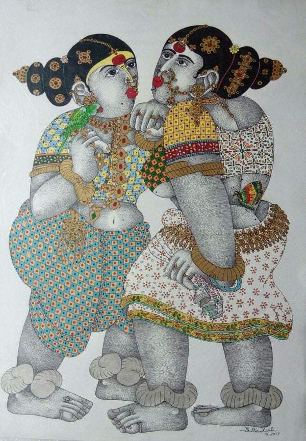 Women With Parrot 4 Painting by Bhawandla Narahari | ArtZolo.com