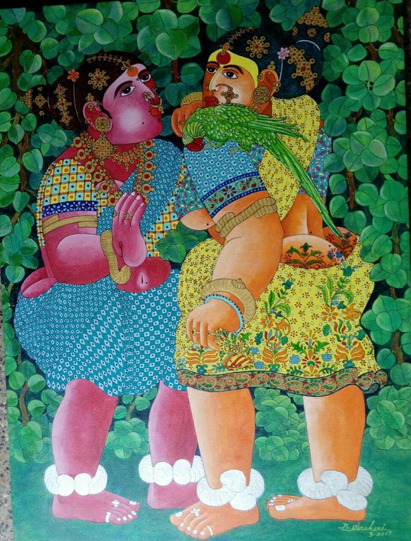 Women And Parrot Painting by Bhawandla Narahari | ArtZolo.com