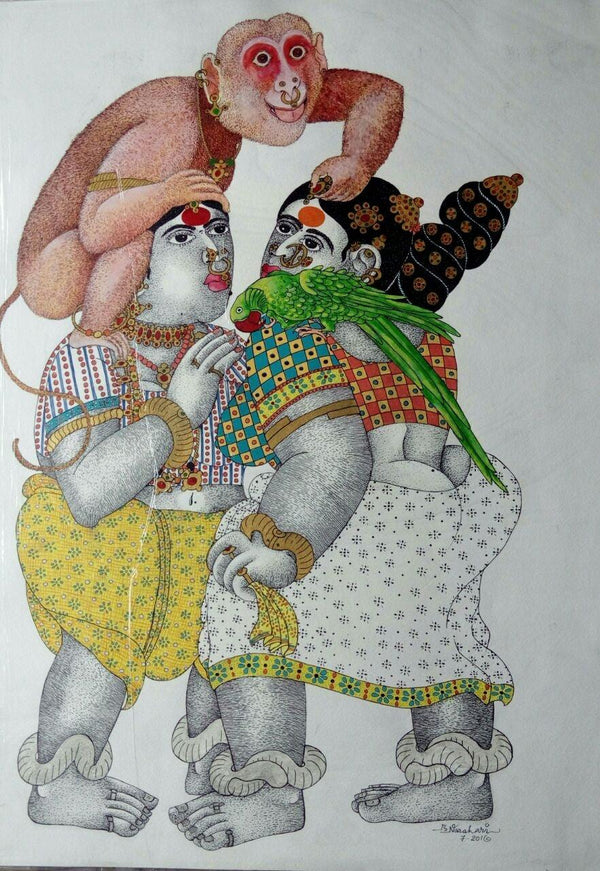 Women With Monkey Painting by Bhawandla Narahari | ArtZolo.com