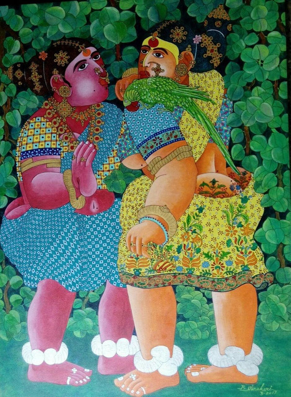 Women With Parrot Painting by Bhawandla Narahari | ArtZolo.com