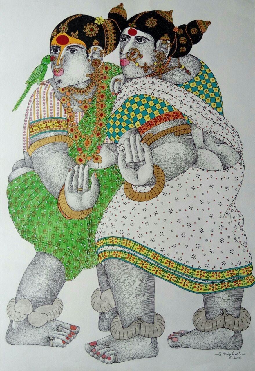 Figurative pen ink drawing titled 'Women with parrot 5', 30x22 inches, by artist Bhawandla Narahari on Paper