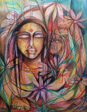 Figurative oil pastel painting titled 'Wonderland', 23x20 inches, by artist N P Pandey on Paper