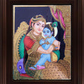 Religious tanjore traditional art titled 'Yasotha Krishna Tanjore Painting', 24x18 inches, by artist Myangadi Tanjore on Plywood