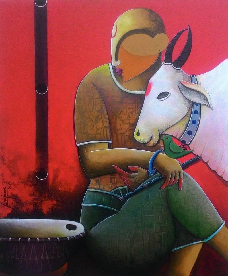 Abstract acrylic painting titled 'A beutifull conversation', 42x36 inches, by artist Anupam on Canvas