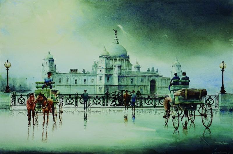 Cityscape watercolor painting titled 'A Cloudy Day Kolkata', 30x43 inches, by artist Arup Lodh on Fabriano Paper