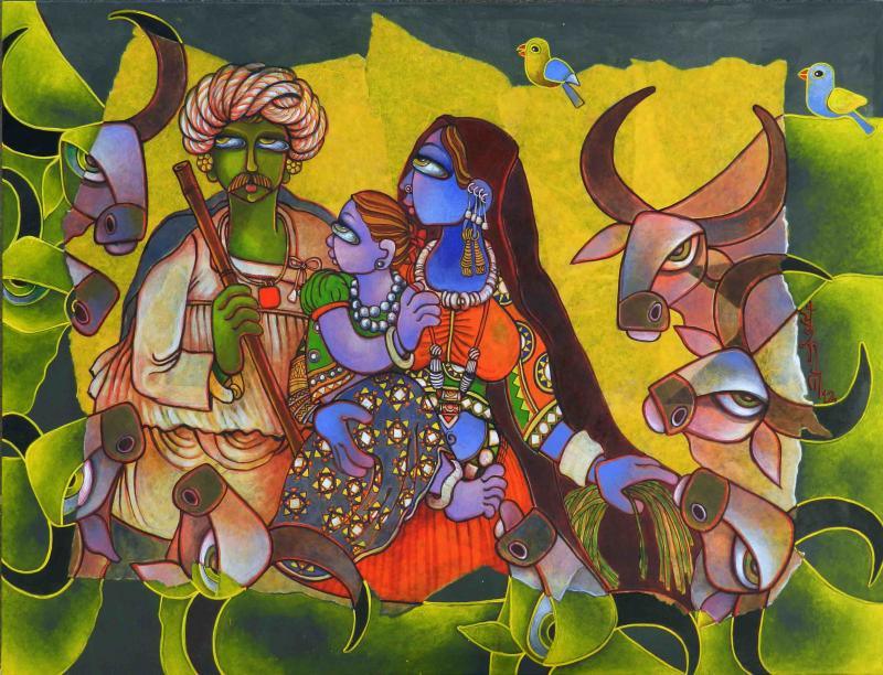 Figurative acrylic painting titled 'A Family', 34x46 inches, by artist Sunita Dinda on Canvas
