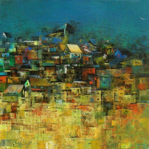 Abstract acrylic painting titled 'A Glimpse Of Village 3', 24x24 inches, by artist M Singh on Canvas