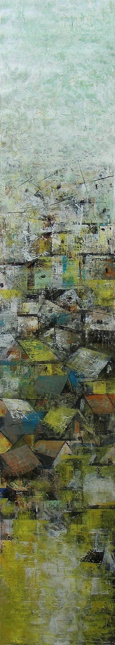Abstract acrylic painting titled 'A Glimpse Of Village', 48x9 inches, by artist M Singh on Canvas