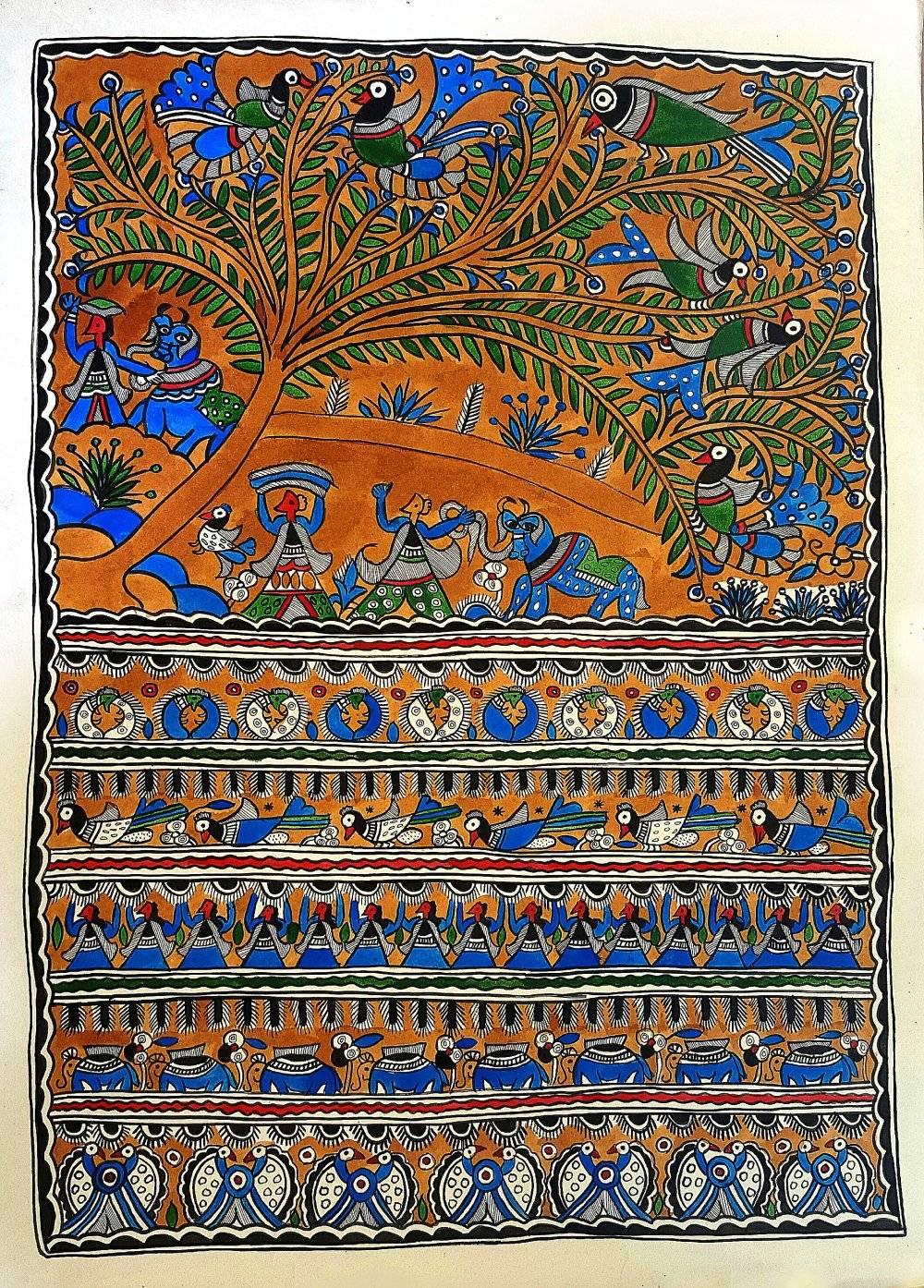 Folk Art madhubani traditional art titled 'A Godna Jungle', 30x22 inches, by artist Chano Devi on Handmade Paper