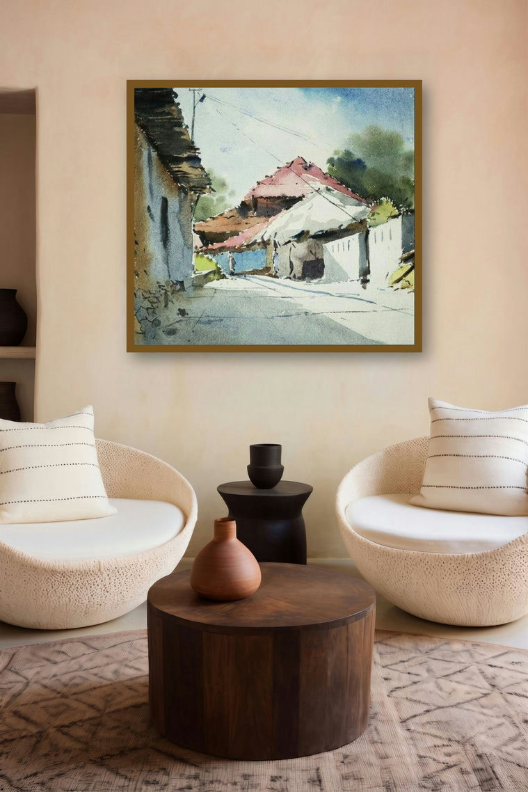 A Lane Of Mondha Village (Village Pathway) by artist Ghanshyam Dongarwar displayed in a Modern gallery