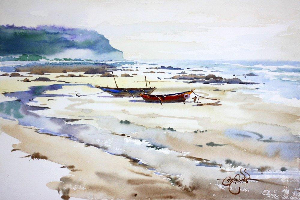 Landscape watercolor painting titled 'A Lonely Life', 15x11 inches, by artist Vikrant Shitole on Paper