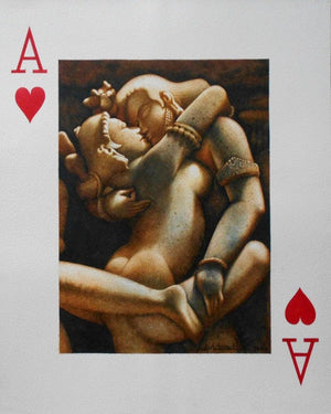 A Lovely Play Card (Ace of Hearts) by Sudipta Karmakar, Original Watercolor Figurative Painting on Paper, Small Vertical Wall Art