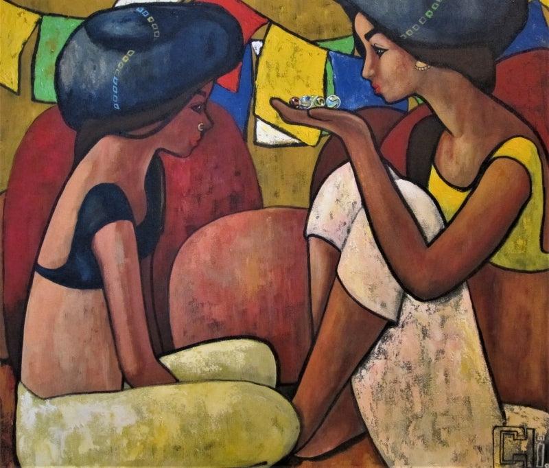Figurative acrylic painting titled 'A Playful Conversation', 30x27 inches, by artist Suruchi Jamkar on Canvas