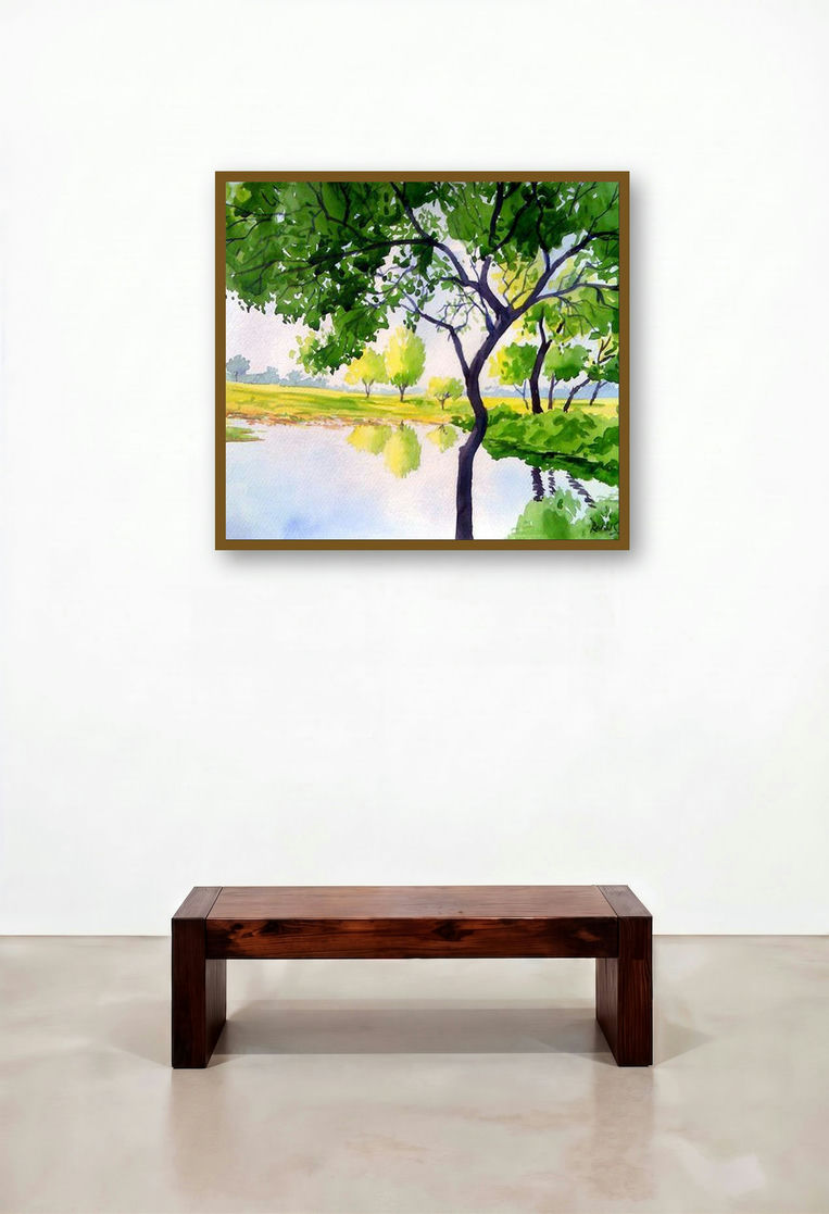 A Quiet Place (Mirror of Tranquility) by artist Rahul Salve displayed in a Modern Living Room