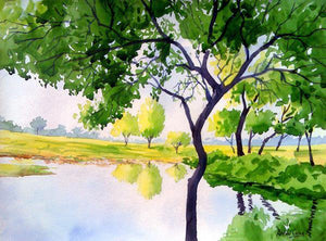 A Quiet Place (Mirror of Tranquility) by Rahul Salve, Original Watercolor Landscape Painting on Paper, Small Horizontal Wall Art