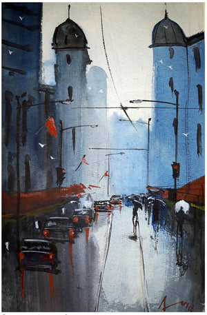 A Streetscape (Urban Downpour) by Arunava Ray, Original Watercolor Cityscape Painting on Paper, X-Small Vertical Wall Art