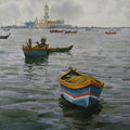 Seascape watercolor painting titled 'A Sunny Day And Boat 2', 22x14 inches, by artist Abhijit Jadhav on Paper