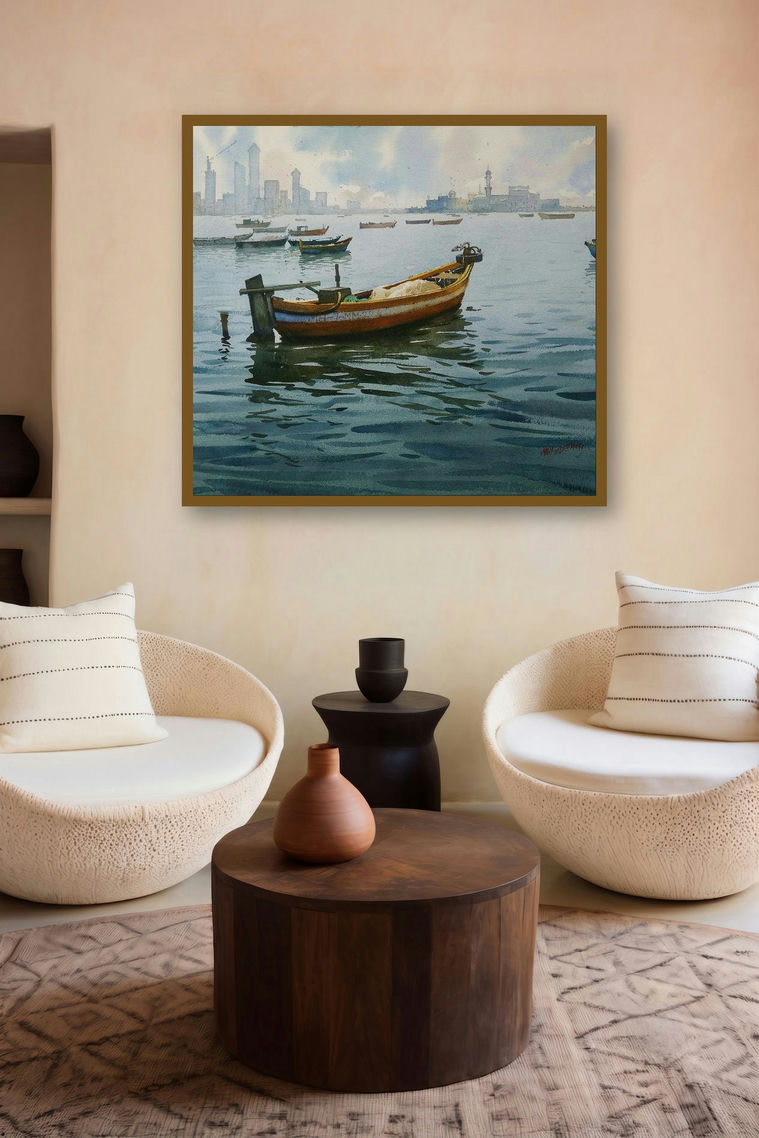 A Sunny Day And Boat (Morning on the Mumbai Harbor) by artist Abhijit Jadhav displayed in a Modern gallery