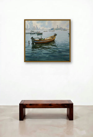 A Sunny Day And Boat (Morning on the Mumbai Harbor) by artist Abhijit Jadhav displayed in a Elegant Hallway