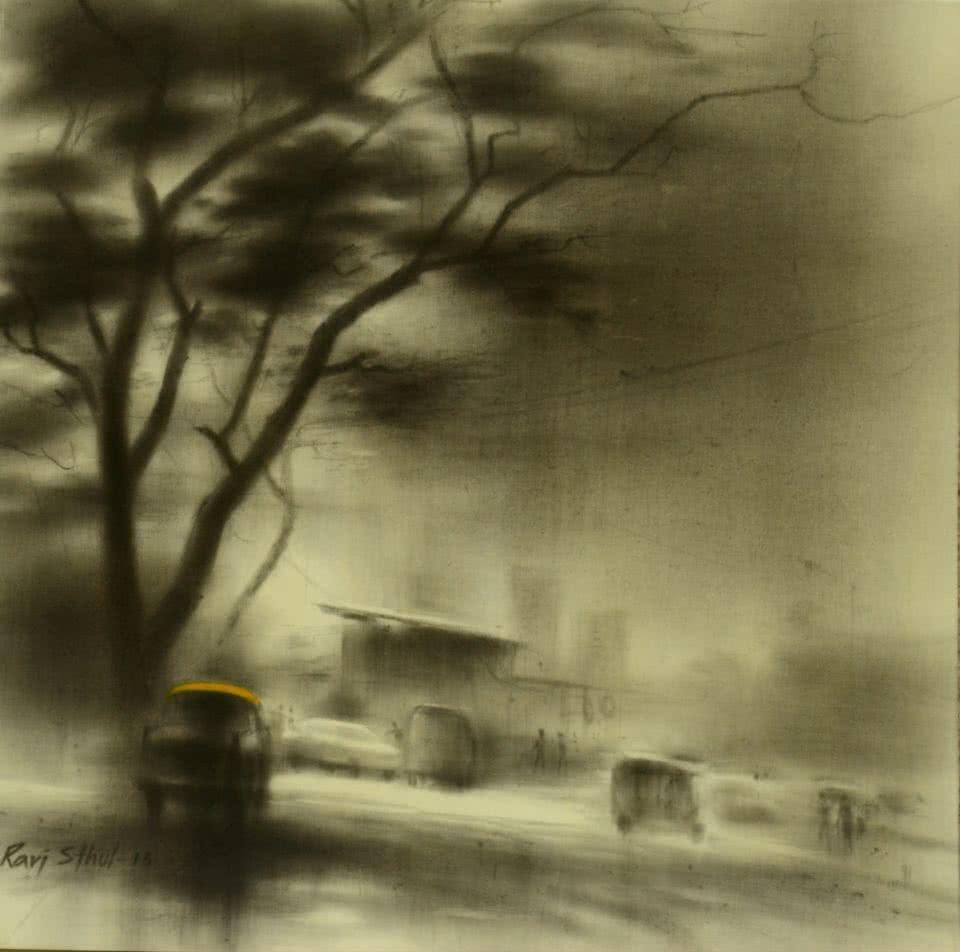 Cityscape charcoal drawing titled 'A Way', 18x18 inches, by artist Ravi Sthul on Canvas